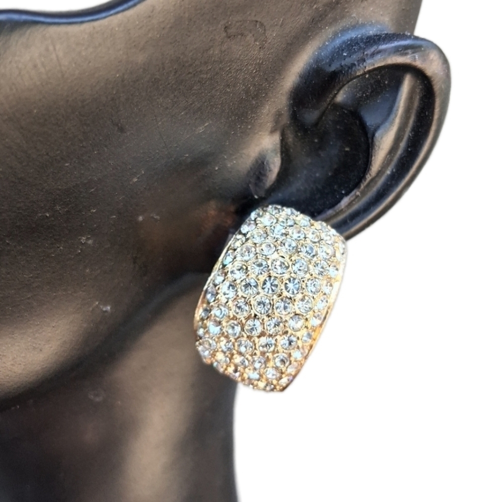Vintage Roman Co 80s Gold-Tone Pavé Rhinestone Chunky Statement Clip On Earrings